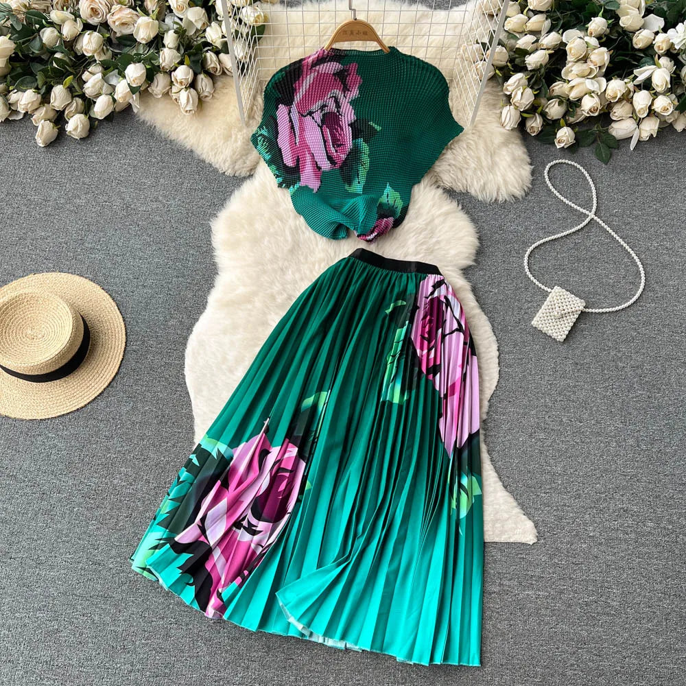 New Summer Runway Pleats Floral Print Two Piece Set Women Half High Collar Stretch Top+Elastic Waist Long Pleated Skirt Outfits