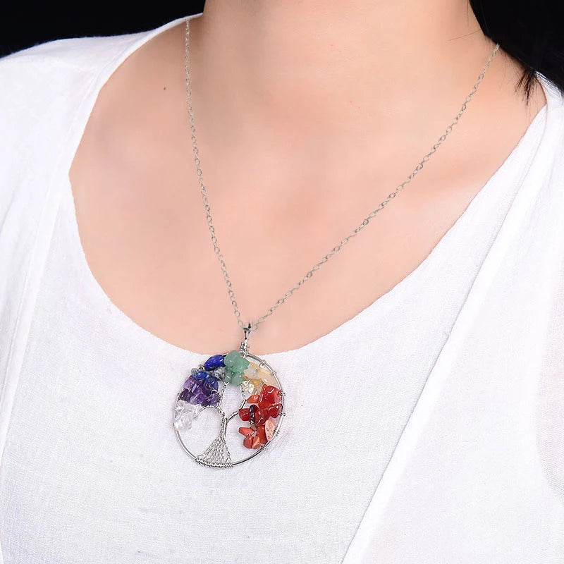 Natural Crystal Stone Tree of Life Pendant Necklace 7 Chakra Quartz Amethyst Necklace Pendant Wedding Jewelry for Women