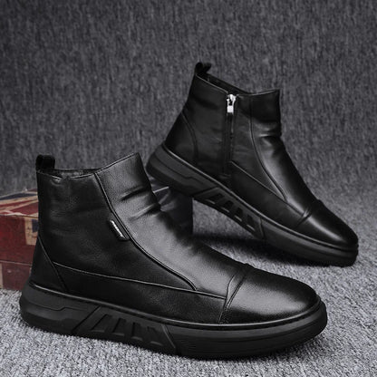 Winter Quality High Top Mens Leather Boots Zip Fashion Plush Warm Men Ankle Boots Soft Sole Male Casual Boots Platform Work Boot