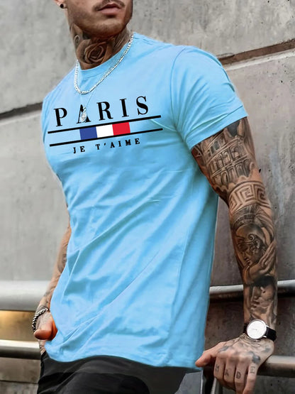 Men's 100% pure cotton summer loose size PARIS letter pattern print casual comfortable round neck short sleeved T-shirt top