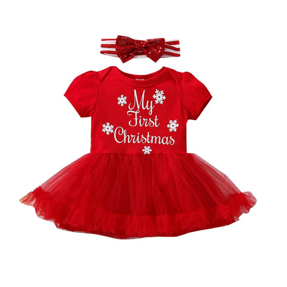 2Pcs Baby Christmas Outfit Snowflake Mesh Splicing Short Sleeve Romper Sequin Bow Headband Babby Xmas Bodysuits Clothing