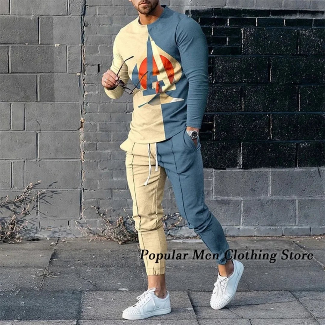 Men Clothes Set Fashion Long Sleeved T Shirt+Trousers Casual Tracksuit 2 Piece Suit Spring Male Sportswear Streetwear Oversized