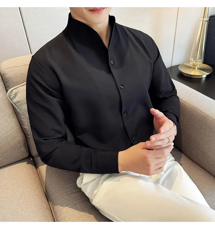 Brand Clothing Men's High Quality V-neck Long Sleeve Shirts Male Slim Fit Fashion Solid Color Office Dress Shirt 4XL-M