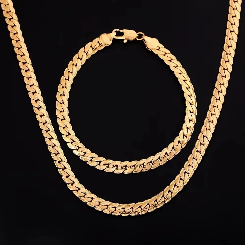 2 PCS Set Cuban Chain Necklace Bracelet Set For Men Gold Color Flat Chain Men Choker Bracelet Hiphop Jewewlry Set