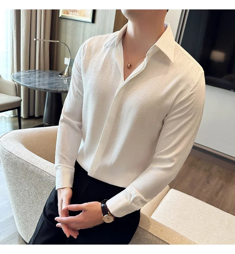 Luxury Korean Pleated Stripe Shirts For Men's High Quality Long Sleeve Slim Fit Casual Shirt Formal Social Party Tuxedo 4XL-M