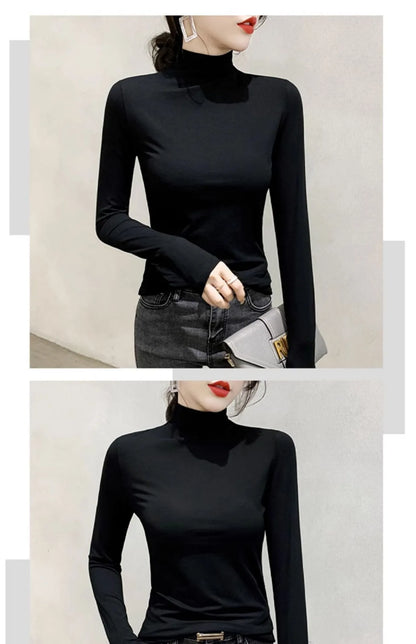 Black Turtleneck T-shirt Long Sleeve Tops Women Y2k Clothes Autumn Winter Korean Fashion Modal Elegant T-shirts for Women 2024