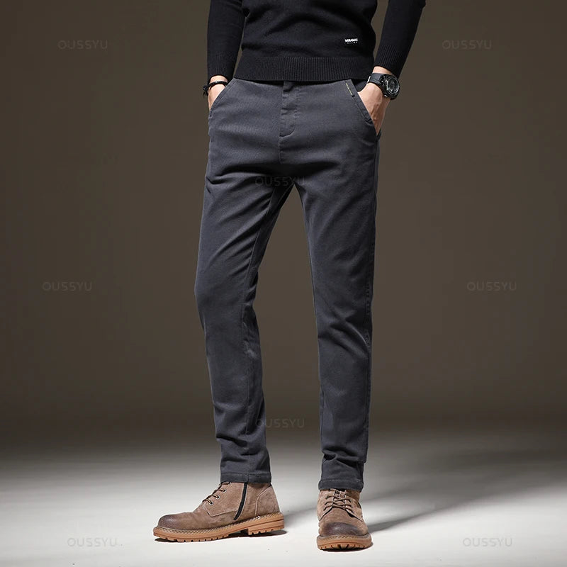 Brand Clothing Winter Fleece Warm Casual Pants Men Cotton Elastic Waist Brown Grey Twill Work Slim Flocking Cargo Trousers Male