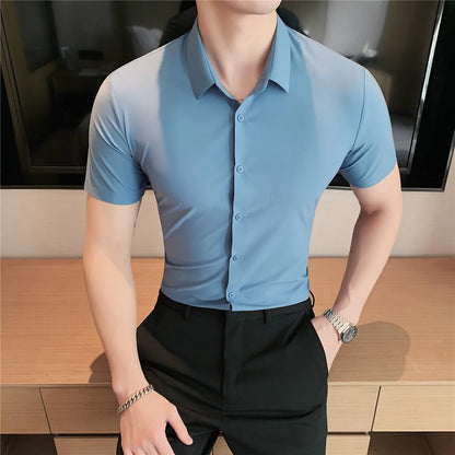 6colors High Quality New Solid High Elasticity Seamless Short Sleeve Shirts Men Slim Social Casual Business Formal Dress Shirt