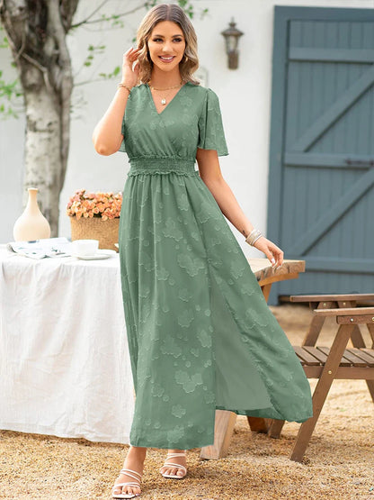 Maxi Dress Casual Summer V Neck Puff Sleeve High Waist Lace Up Dress Elegant Flowy Dress Sleeveless for Women  Thigh Slit Crosso