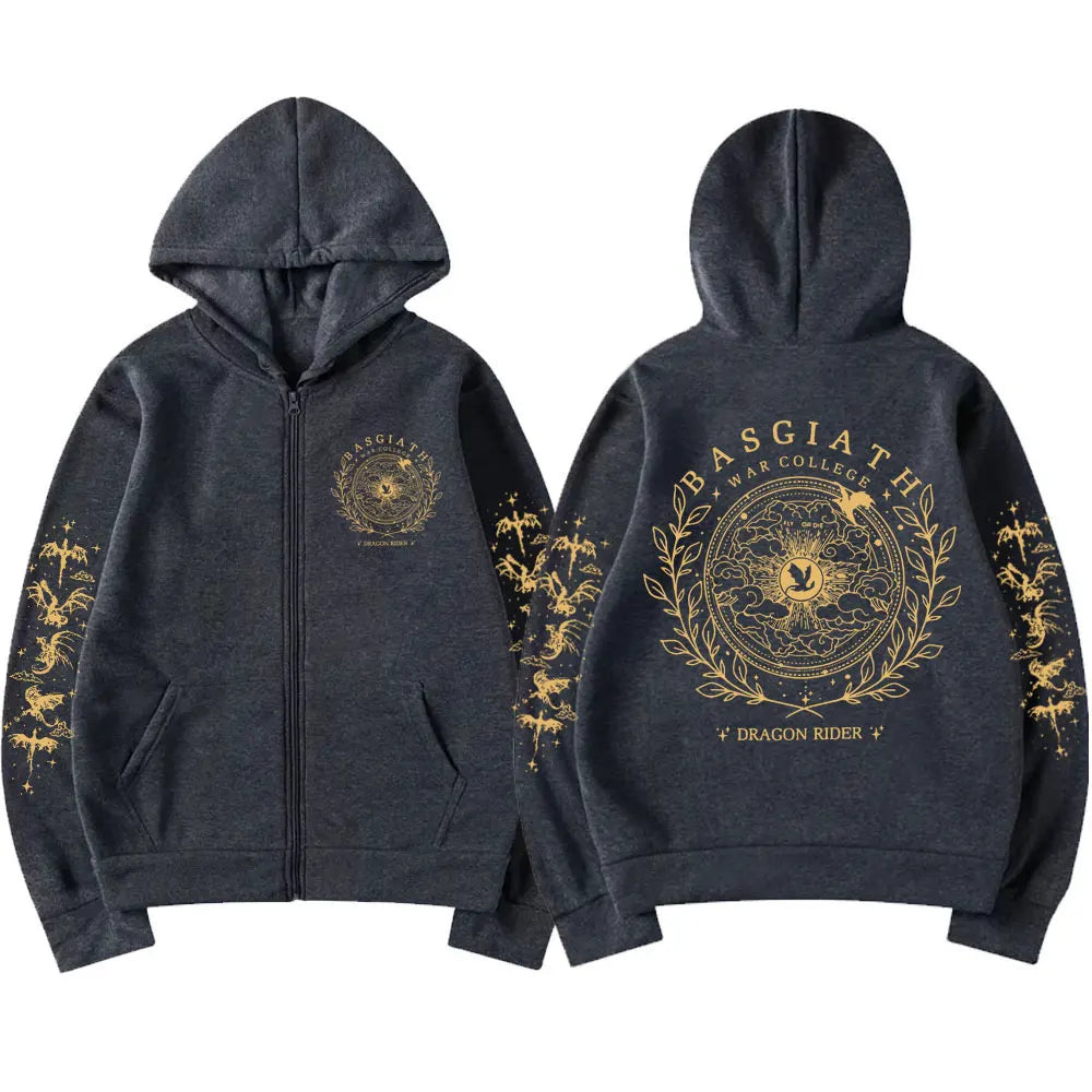 Harajuku Basgiath War College Zip Up Hoodies Men Women Fourth Wing Dragon Rider Cardigan Sweatshirt Oversized Fleece Streetwear