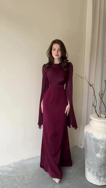 2024 New Women Fashionable Elegant Round Neck Bat Sleeve Waist Strap Dress Sexy Slimming Glass Yarn Large Skirt Satin Long Dress