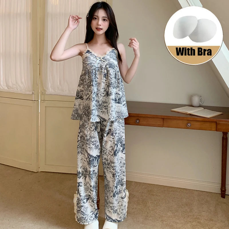 3PCS/Set Women Summer V-neck Pajamas Suspender Sleeveless Shorts Pants Ladies Vintage Fragmentary Homewear Breathable Clothes