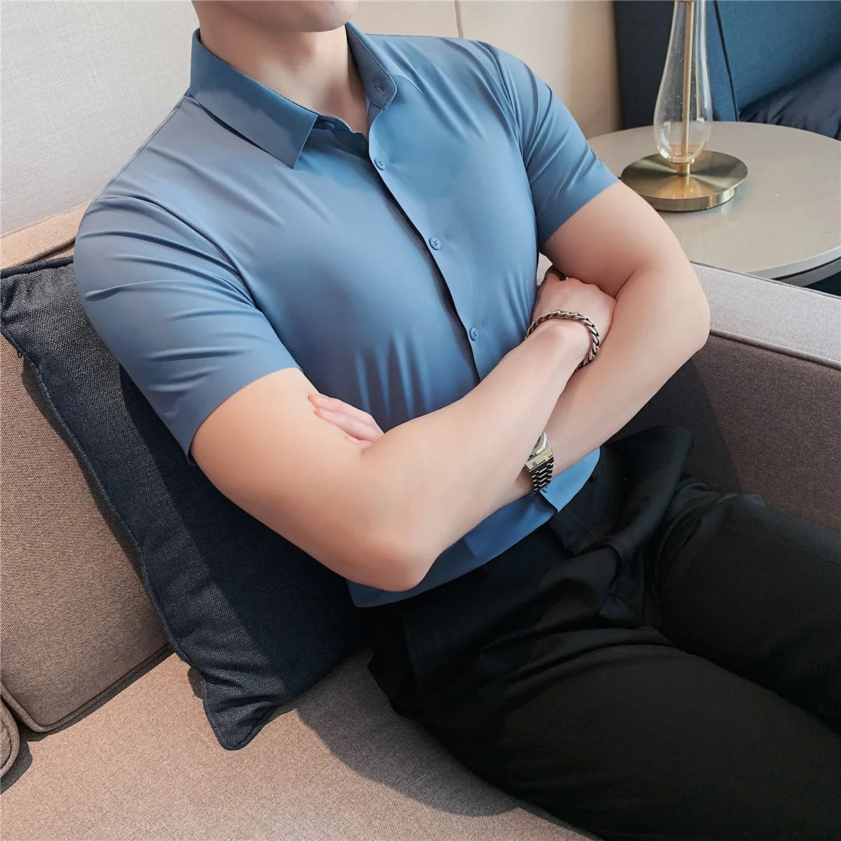 6colors High Quality New Solid High Elasticity Seamless Short Sleeve Shirts Men Slim Social Casual Business Formal Dress Shirt