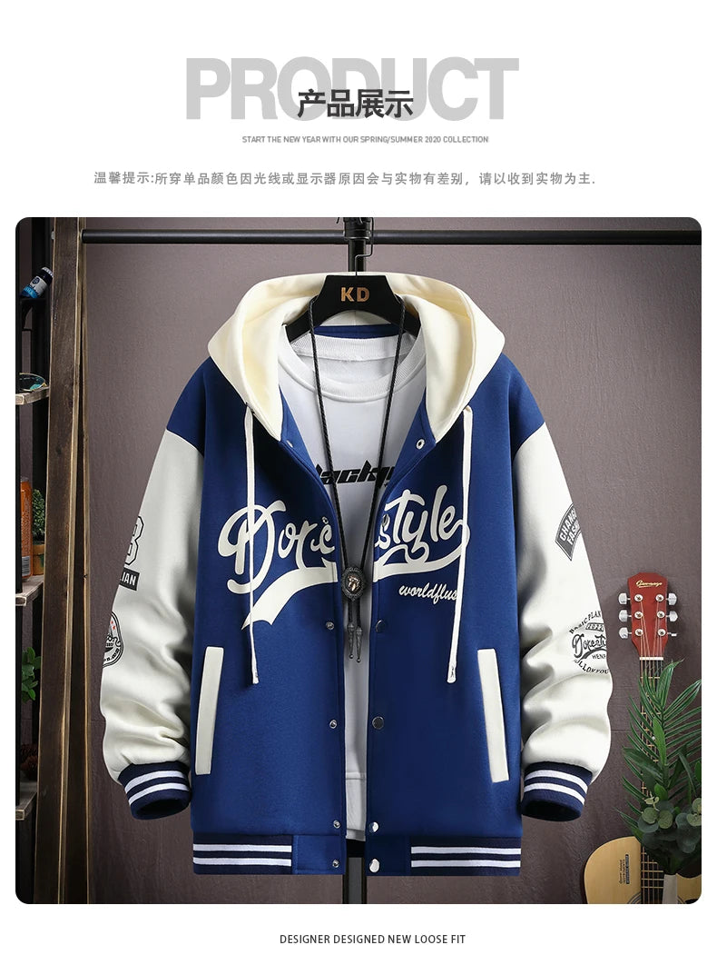 2023 Trendy Hip Hop Hooded Baseball Uniform Unisex Lightweight Sportswear Jacket Men's Bomber Jackets Autumn Coat Letter Printed