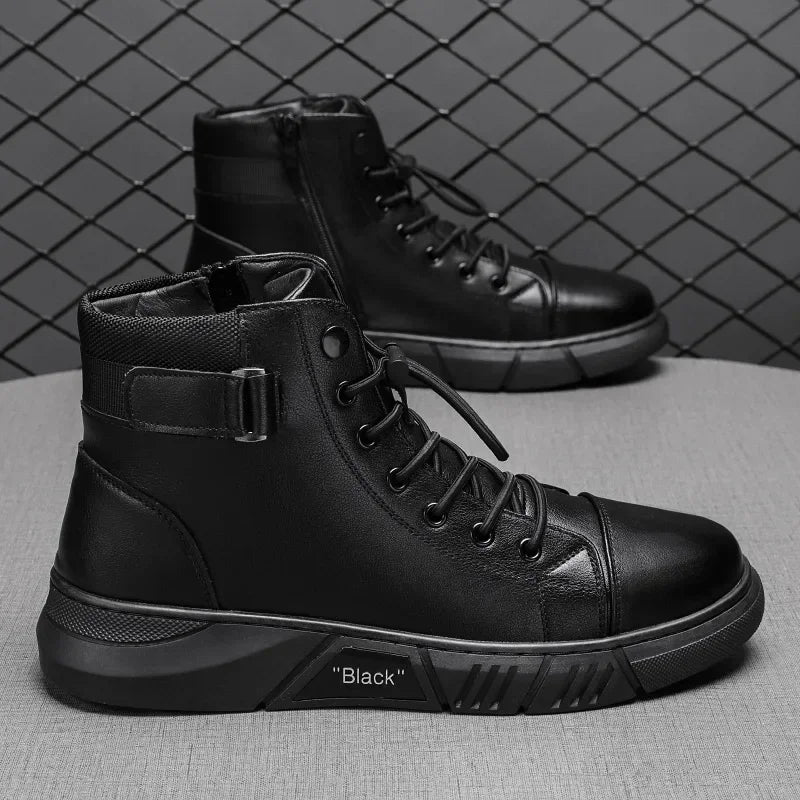 Men's Boots British Casual Platform Leather Boots for Men Black Motorcycle Boots Winter Comfortable Keep Warm Men Ankle Shoes