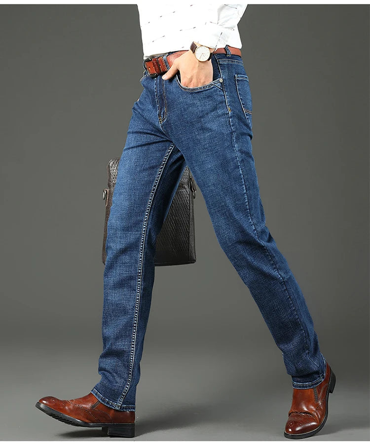 Top Brand Washed Jeans Trousers Four Season Men's High Quality Jeans Business Casual High Waist Denim Pants