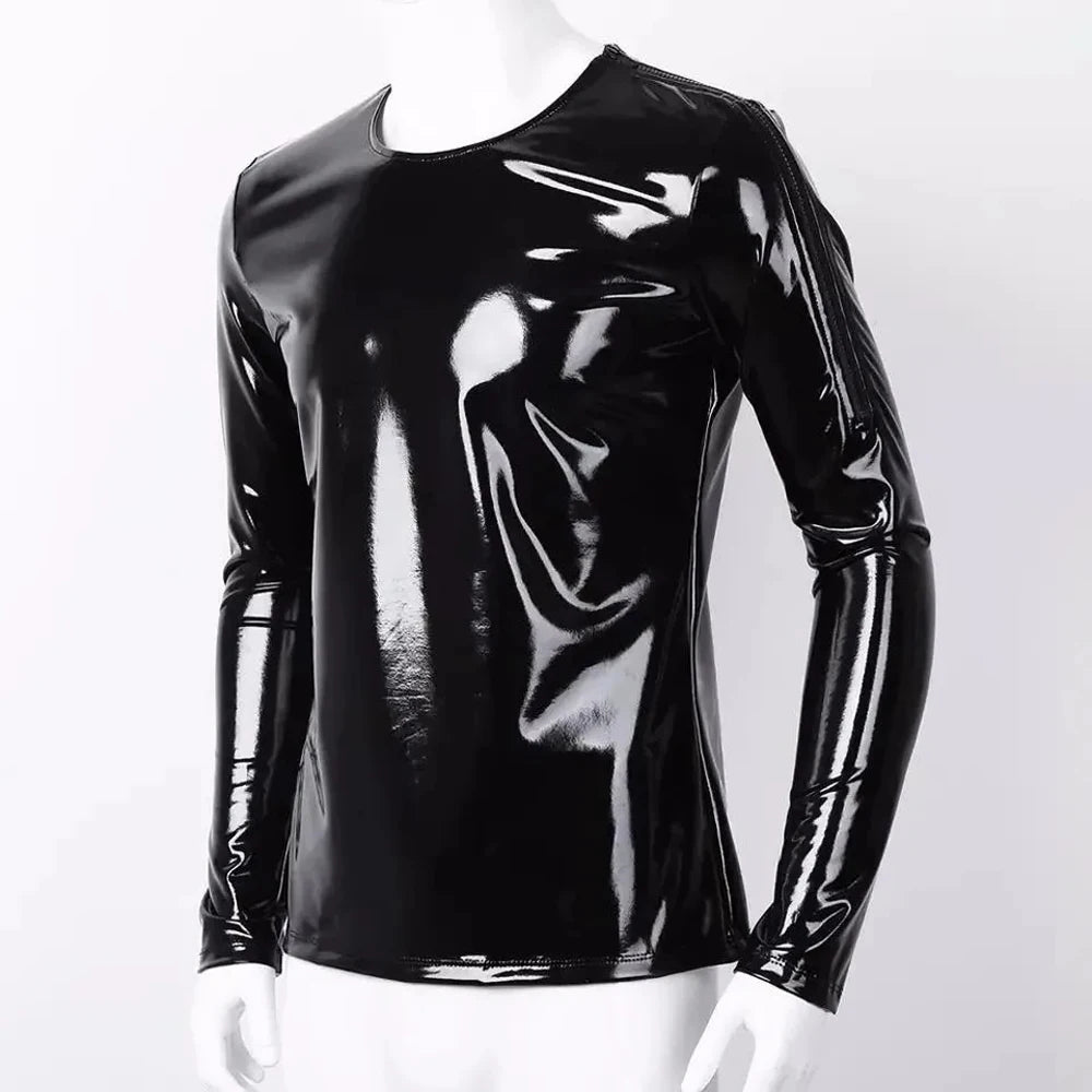 S-7XL Shiny Faux PU Leather Long Sleeve T Shirt Men Wet Look PVC Hot Shapers Tights Shapewear Tshirt Sexy Tee Shirts Tops Body