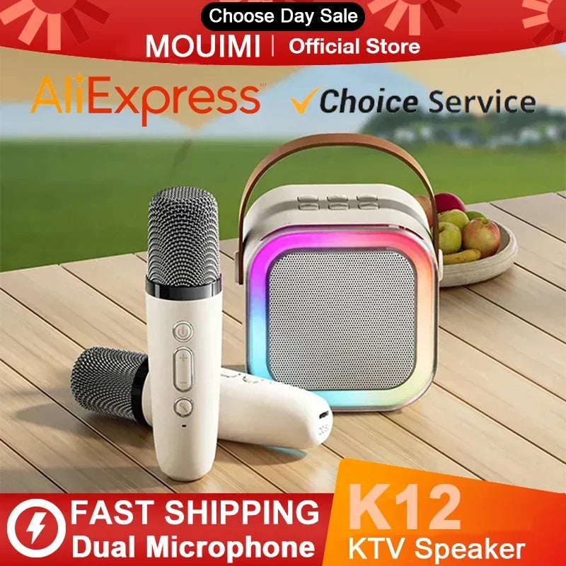 New K12 Karaoke Machine Portable Bluetooth Speaker With 1-2 Wireless Microphones HiFi Family Singing Loudspeaker Children's Gift