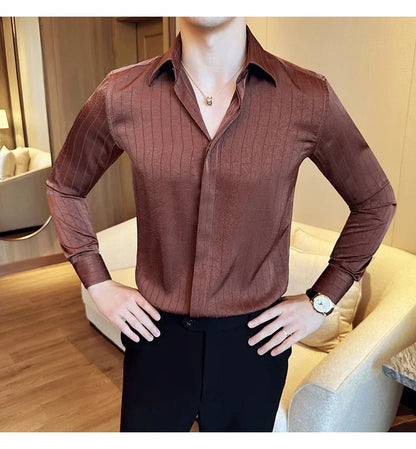 Luxury Korean Pleated Stripe Shirts For Men's High Quality Long Sleeve Slim Fit Casual Shirt Formal Social Party Tuxedo 4XL-M