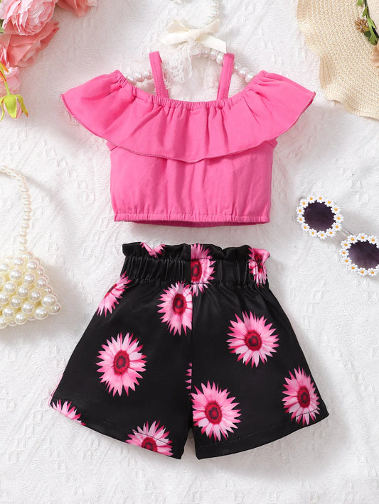 Fashionable Baby Girl Summer Vacation Lace Shoulder Strap Top With Floral Sunflower Print Shorts Set