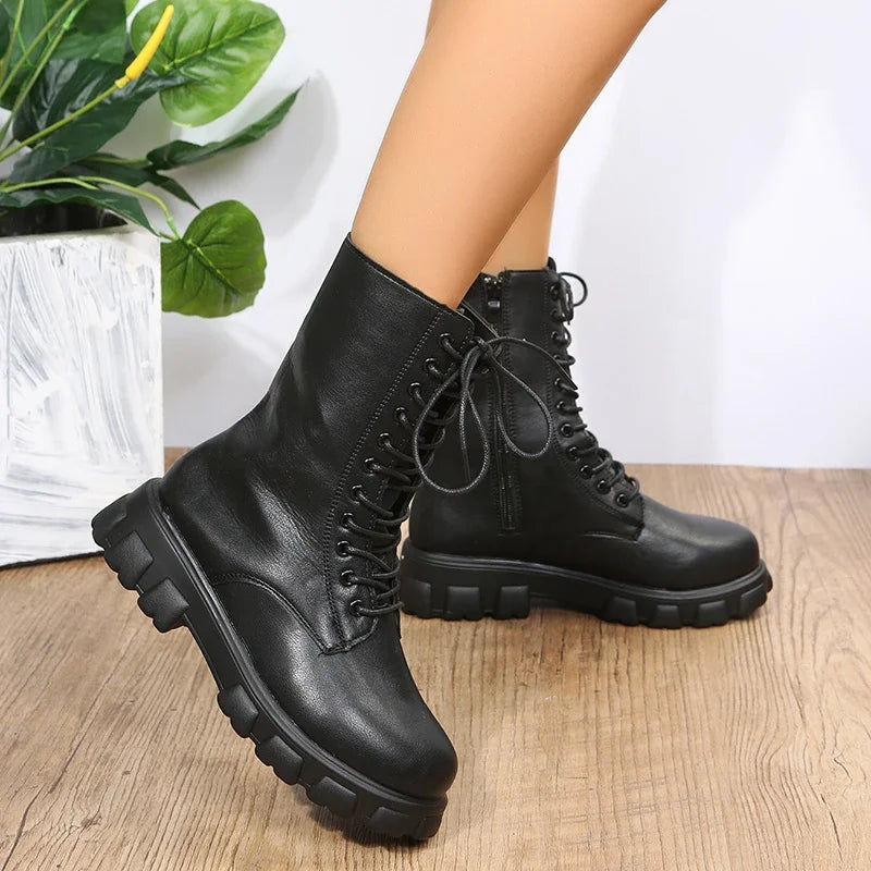 2024 Boots Women  Autumn Winter PU Leather White Ankle Boots Motorcycle Botines Female Chunky Heels Platform Boots Botas Mujer