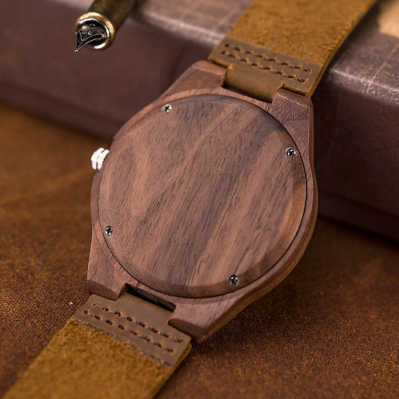 BOBO BIRD Mens Wood Watch Handmade Lightweight Minimalist Walnut Wooden Watches with Genuine Leather Personalized Gift