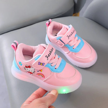 Spring Autumn Baby Girls Hello Kitty Led Light Shoes Children's Sneakers Toddler Anti-slip Walking Shoes Girls Outdoor Shoes