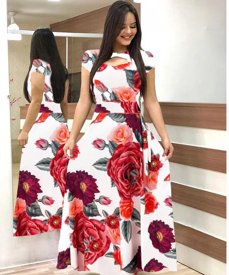 Robe Women's Casual Flower Summer Vestido Short-Sleeved Round Neck Floral Robe Mulheres Maxi Dress 2023 Elegant Kleid