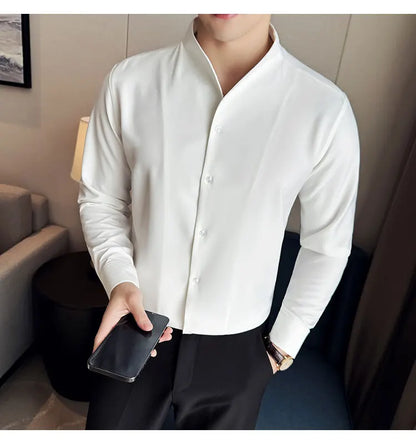 Brand Clothing Men's High Quality V-neck Long Sleeve Shirts Male Slim Fit Fashion Solid Color Office Dress Shirt 4XL-M