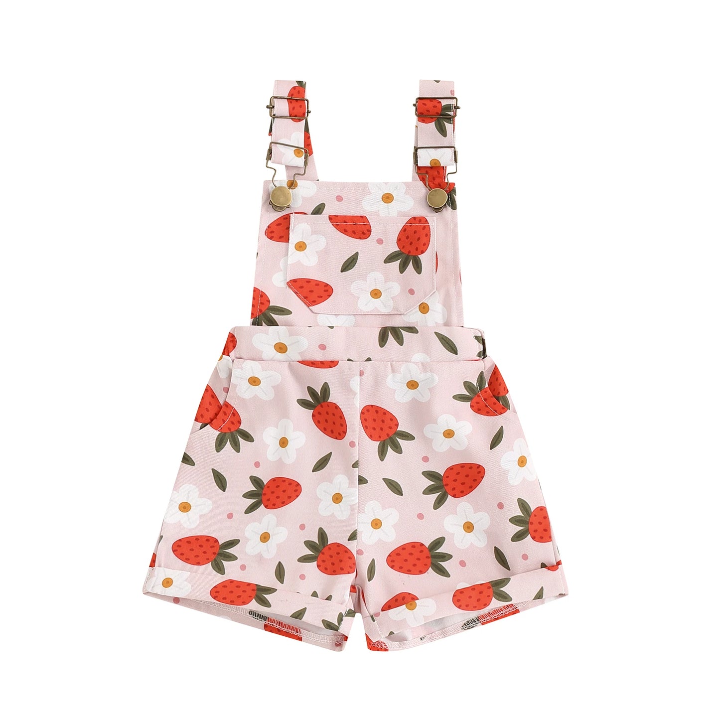 FOCUSNORM 4 Colors Lovely Kids Girls Overalls Shorts 0-6Y Sleeveless Straps Strawberry/Flower Print Denim Button Pocket Jumpsuit