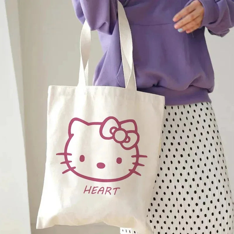 Hello Kitty Canvas Tote Bag Harajuku Y2k 90s Cartoon Girl Handbag Large Capacity Female Shoulder Bags Portable Travel Purse Gift