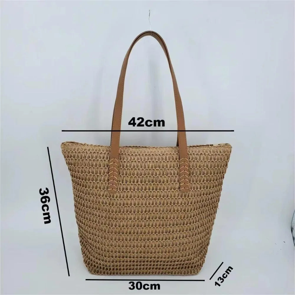 Summer Woven Shoulder Bag Women Beach Shoulder Bag Female Straw Knitted Handmade Large Capacity Handbag Purse Travel Tote Bags