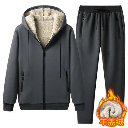 Winter Men Set Warm Thick Hooded Jacket+Pants 2PC Sets Men Lamb cashmere Hoodies Zipper Tracksuit Man Sports Suit Plus size 6XL