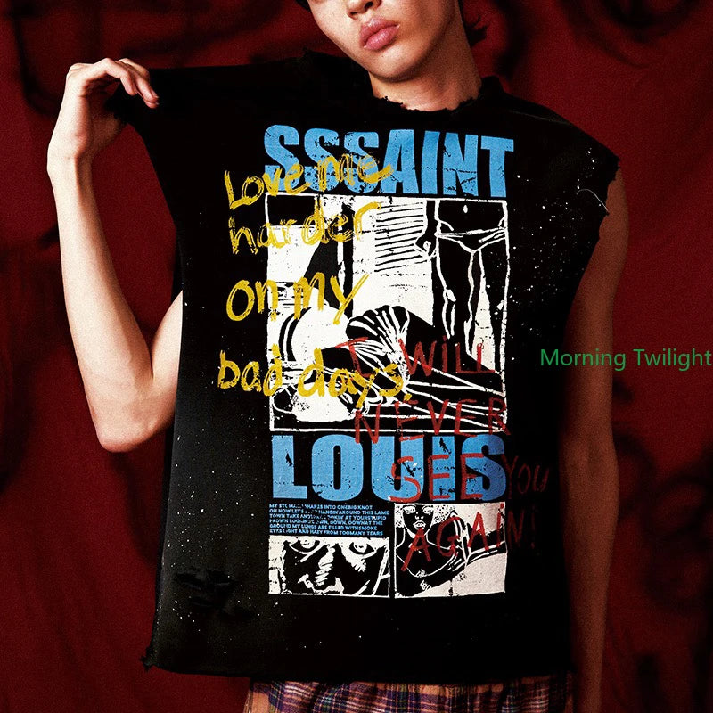 Saint Louis Handmade Splashed Ink Graffiti Vintage Tank Top Men