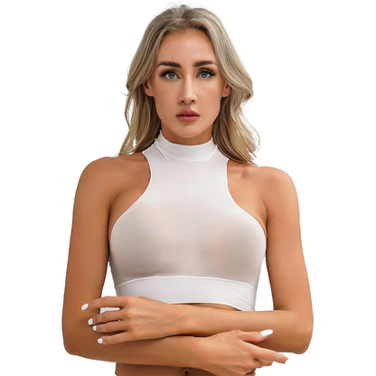 Womens Glossy Crop Tops Mock Neck Sleeveless Sheer See-Through Slim Fit Vest Tops for Swimwear Pool Party Clubwear Nightwear