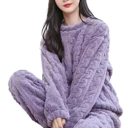 1 Set Winter Women Pajamas Warm Plush 2-Piece Sleepwear Set Stylish Solid Color Elastic High Waist Pullover Pajama Suit