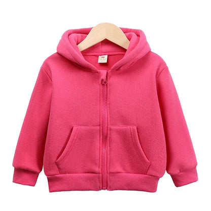 2025 Kids Hooded Fleece Sweatshirt Clothes Solid Cotton Thick Outdoor Top Boys Girl Sports Coat Children Korean Casual Jacket