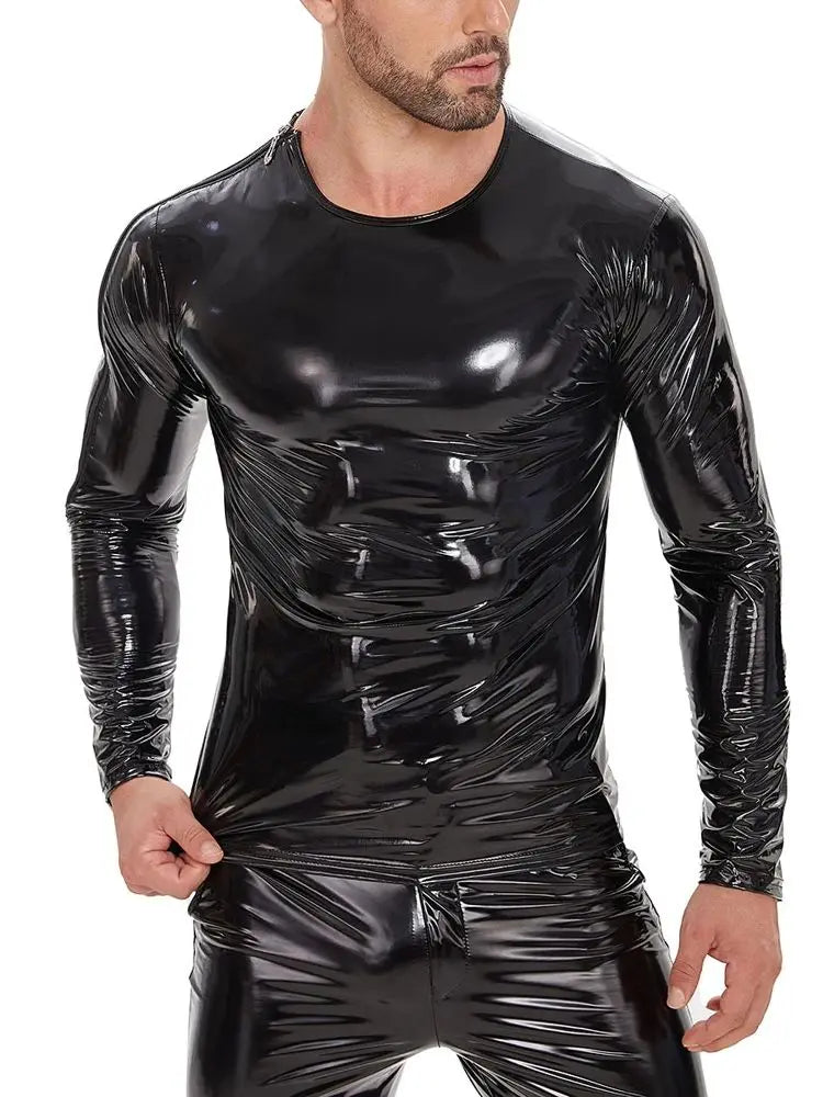 S-7XL Shiny Faux PU Leather Long Sleeve T Shirt Men Wet Look PVC Hot Shapers Tights Shapewear Tshirt Sexy Tee Shirts Tops Body