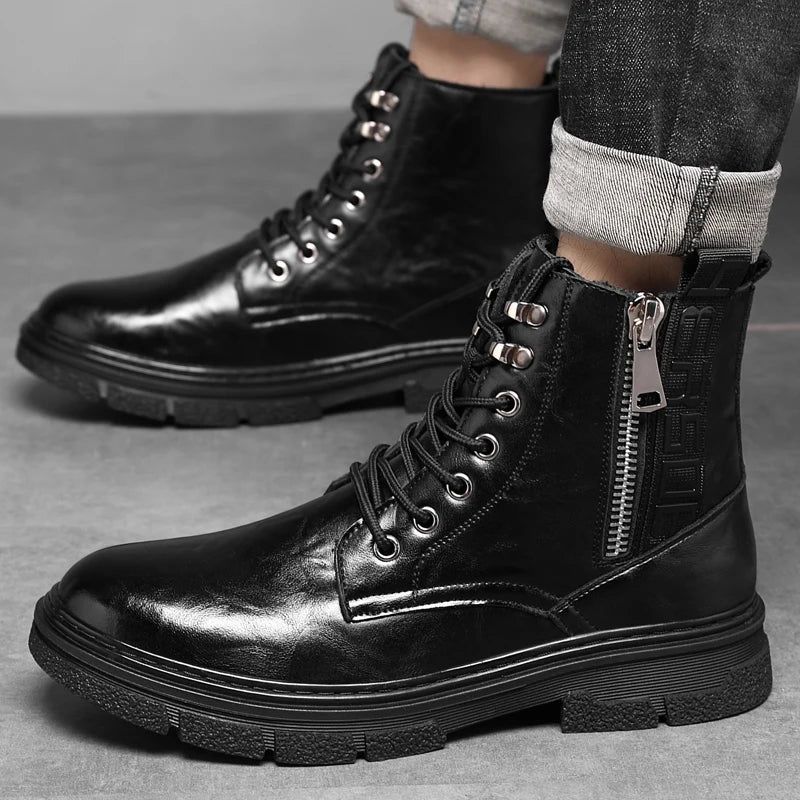 Martin Boots Men's Autumn High Assist Grab Pattern Soft Casual Zipper Leather Boots Lace up Black Workwear Motorcycle Short Boot