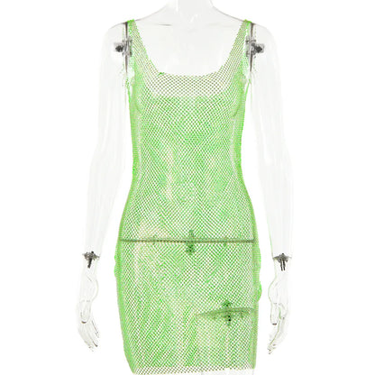 European and American Clothing 2024 Summer New Style Bright Diamond Dress Net Diamond Sexy Suspender Hollow See-through Skirt