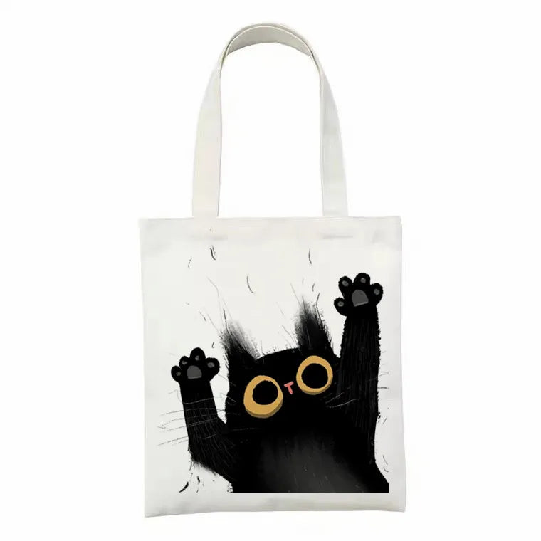 Cute Tote Bag Animals Black Cat Print Canvas Bag Eco Shopping Bag Daily Use Foldable Handbag Large Capacity Canvas Tote Women