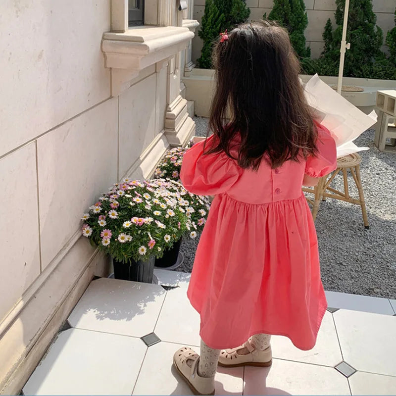 Girls' Dress Flower Solid Color Square Neck Puff Sleeve Dress Sweet Princess Dress 2023 Summer New Fashion Children's Clothing