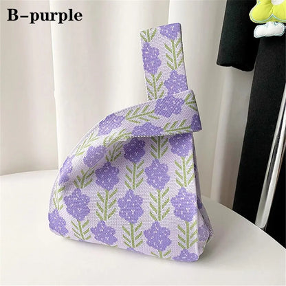 Flower Handmade Knit Handbags Women Knot Wrist Bag Casual Small Tote Bag Girls Reusable Shopping Bags