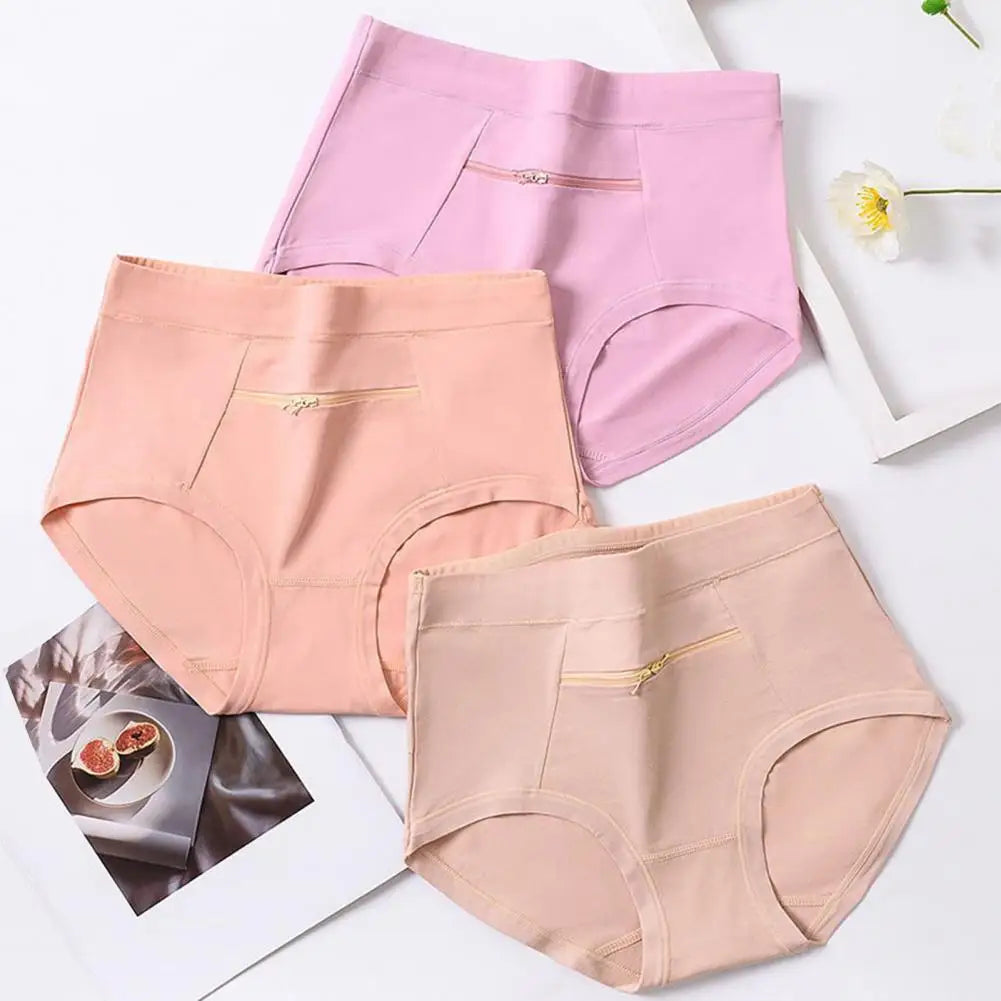 Women Underwear Solid Color Zipper Pocket High Waist Seamless Stretch Panties Cotton Middle-aged Mom Grandma Brief Underpants