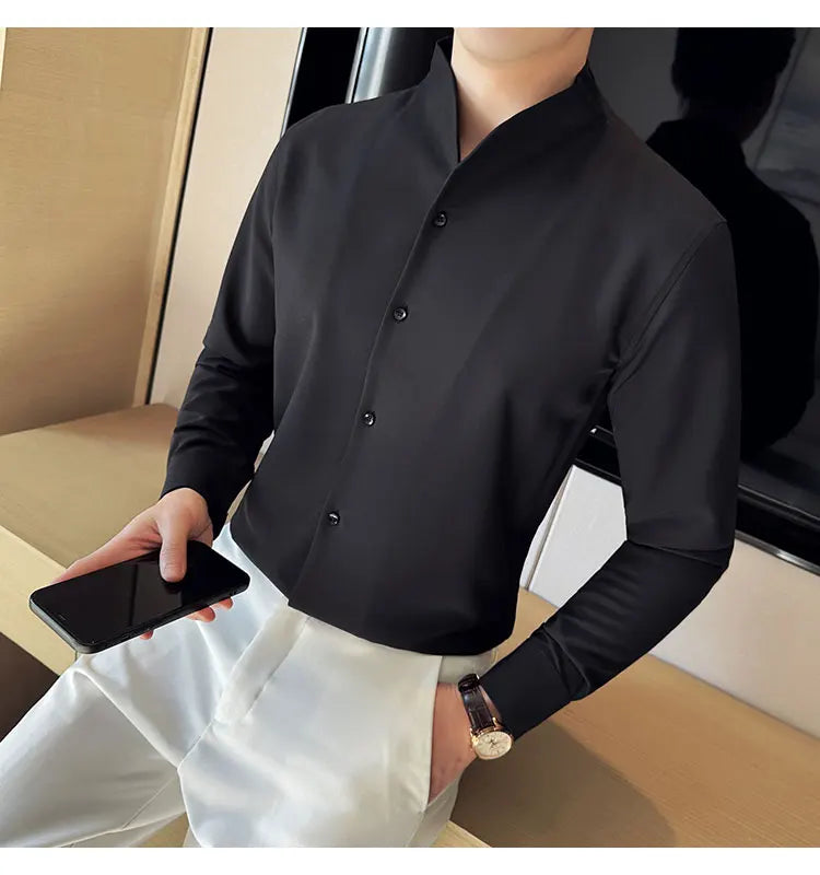 Brand Clothing Men's High Quality V-neck Long Sleeve Shirts Male Slim Fit Fashion Solid Color Office Dress Shirt 4XL-M