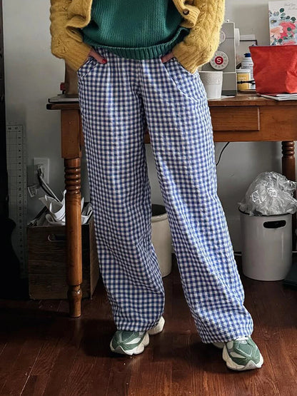 Gaono Comfy Wide Leg Pants Vintage Elastic Waist Plaid Striped Print Pants Women Lounge Trousers Pockets 00s Retro Pajams Bottom