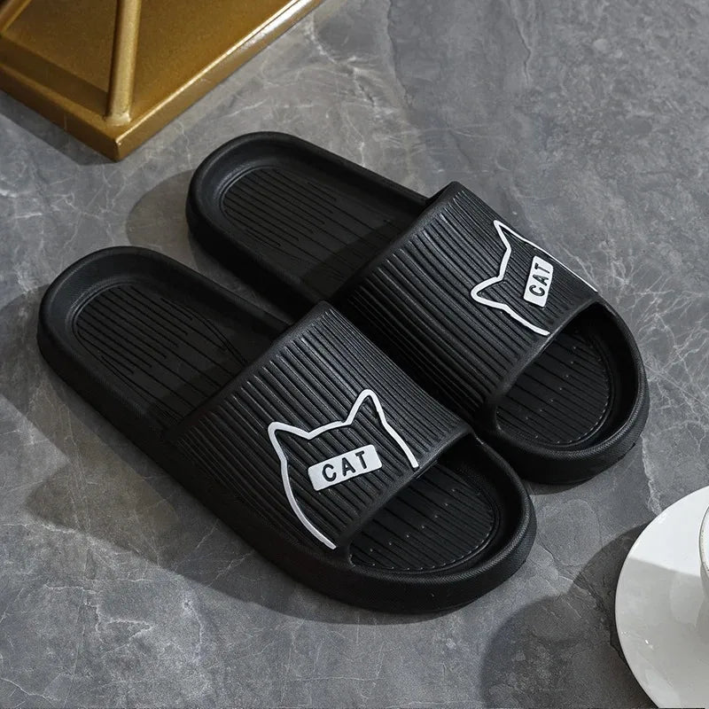 Summer Cartoon Cat Couple Home Shoes Non-slip Flat Slides Lithe Sandals For Women Men Slippers Male Indoor Flip Flops