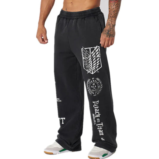 new 2024 American sports pants gym fitness running training pants cotton wool print wide leg pants