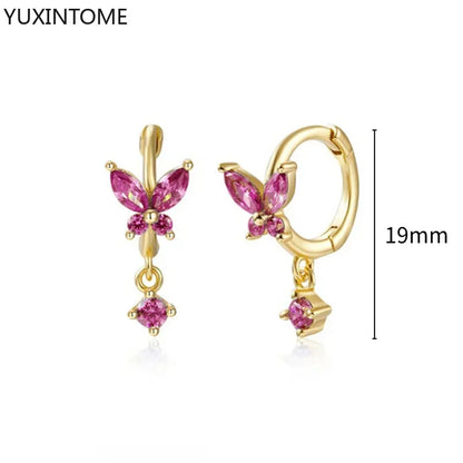 925 Silver Ear Needle Rose Red Hoop Earrings For Women Exquisite Water Drop/Flower/Heart Crystal Piercing Huggie Earring Jewelry