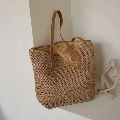 Summer Woven Shoulder Bag Women Beach Shoulder Bag Female Straw Knitted Handmade Large Capacity Handbag Purse Travel Tote Bags